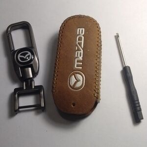 Key Fob Keychain For Mazda in metal & Fob Case Cover in Brown Leather NWT